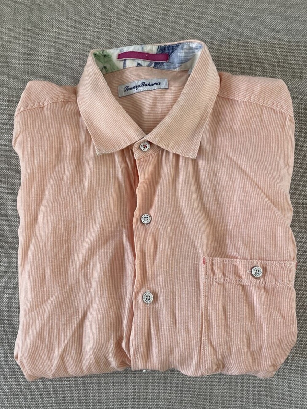 Tommy Bahama Striped Linen Short Sleeve Sport Shirt Orange L